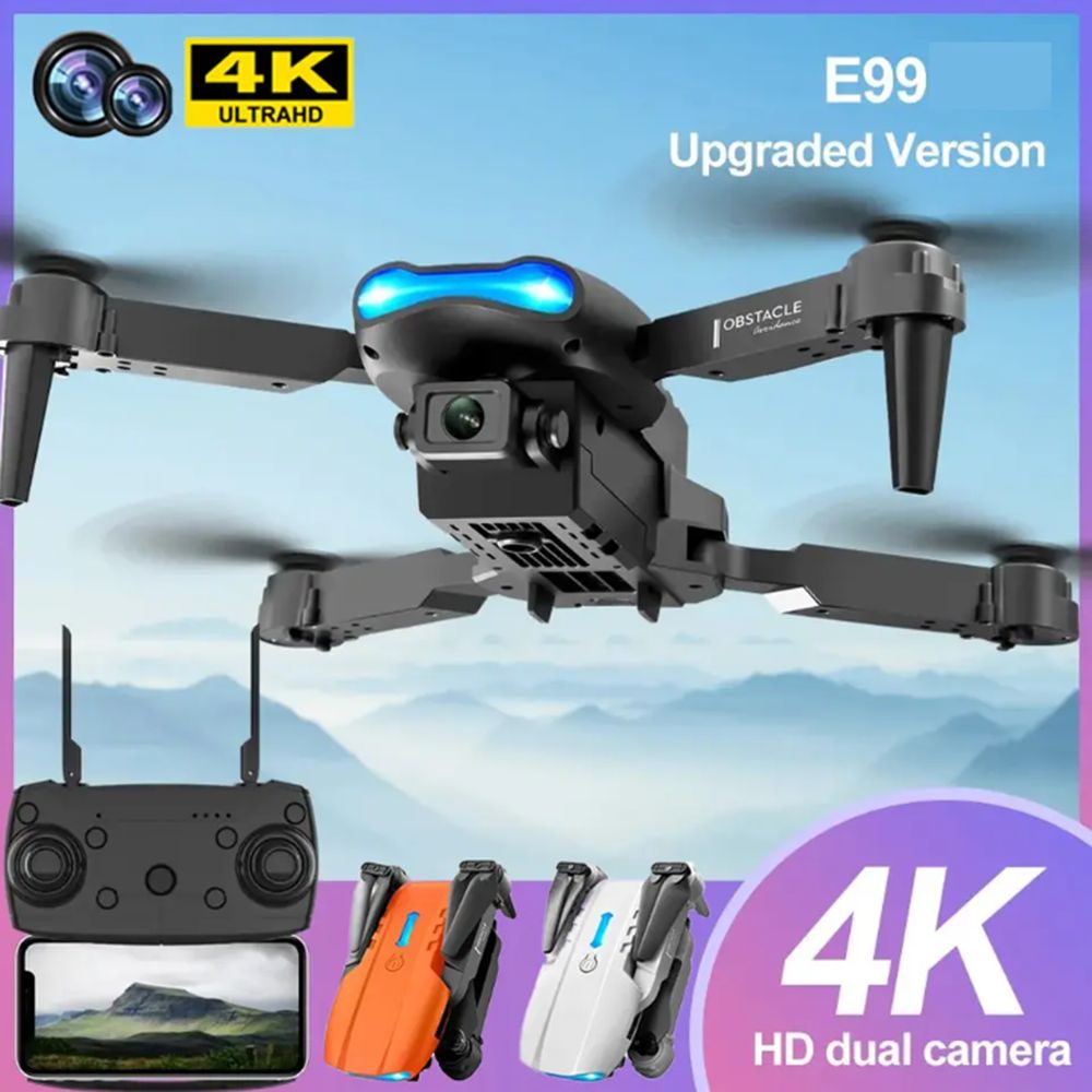 E99 upgraded 4K UHD drone with dual camera, remote controller, and available in orange and white.
