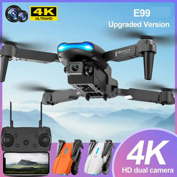 E99 upgraded 4K UHD drone with dual camera, remote controller, and available in orange and white.