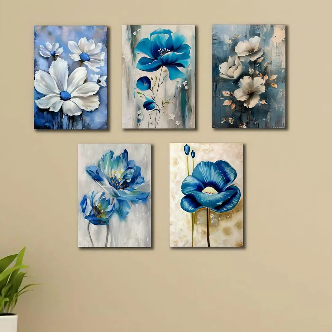 Set of 5 Blue Floral Wall Art Frames for Home Decor