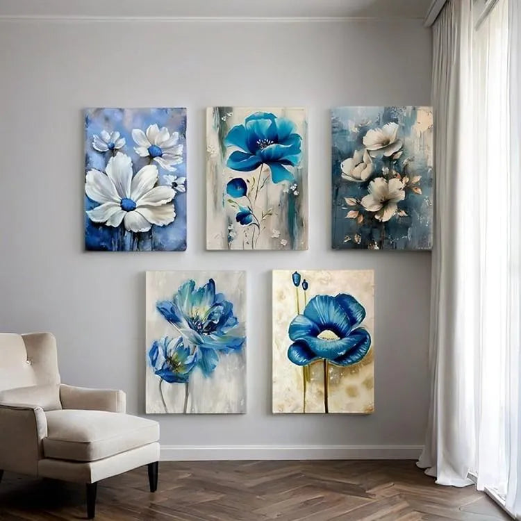 Set of 5 Blue Floral Wall Art Frames for Home Decor