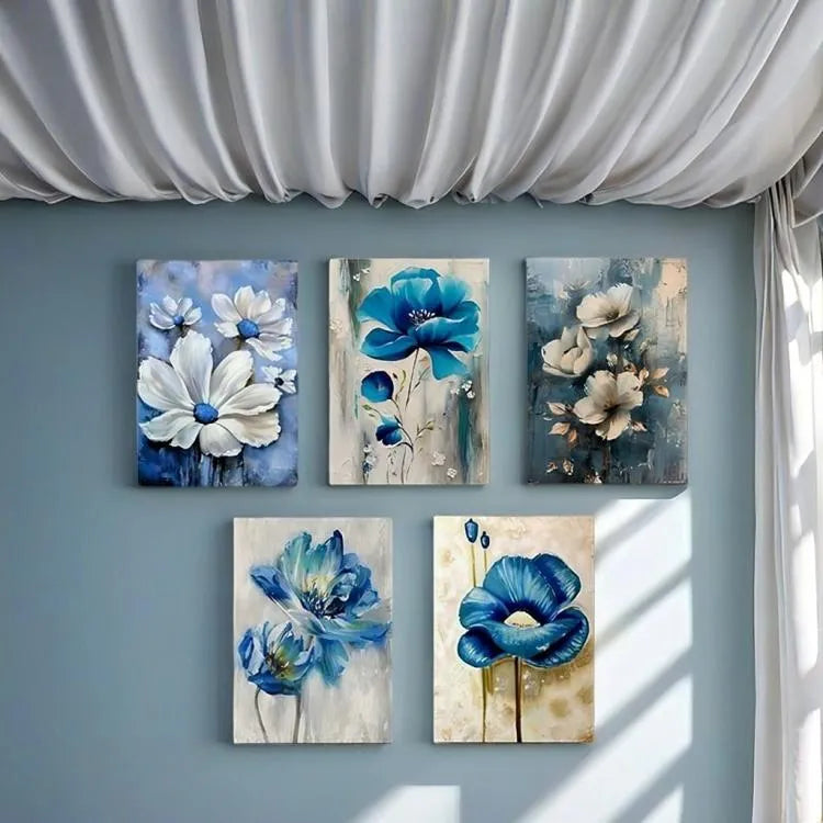 Set of 5 Blue Floral Wall Art Frames for Home Decor