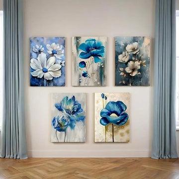 Set of 5 Blue Floral Wall Art Frames for Home Decor