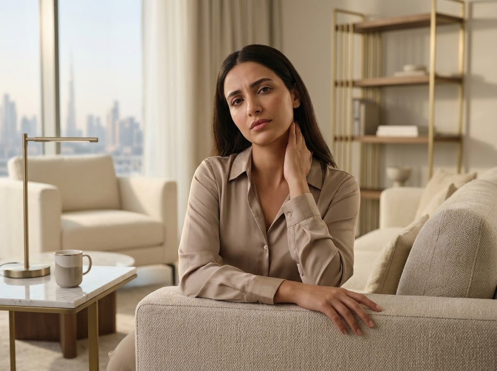 A woman in a beige silk blouse sitting on a cream sofa in a modern living room.