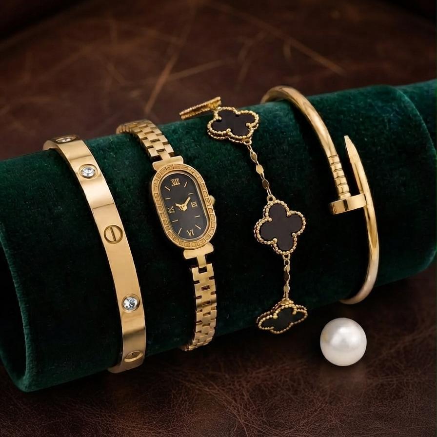 Stainless steel watch and bangle combo styled for daily wear