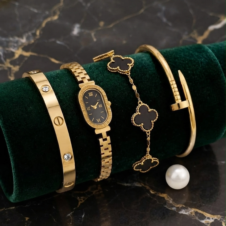 Close-up of stainless steel bracelet and bangle pieces in the 4-piece combo
