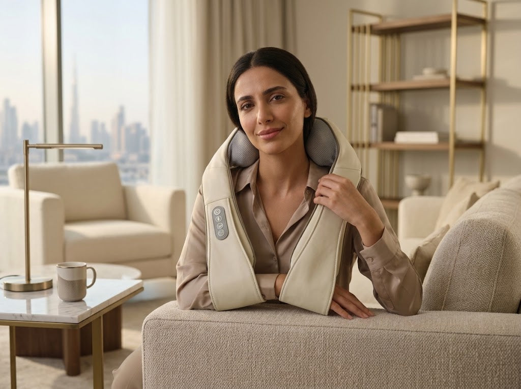 Woman relaxing on a sofa wearing a white electric neck and shoulder massager.