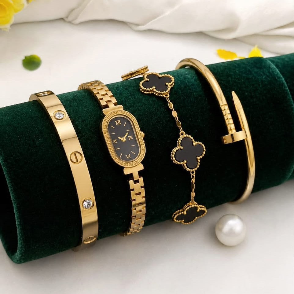 Stainless steel 4-piece bracelet, watch, and bangle combo set