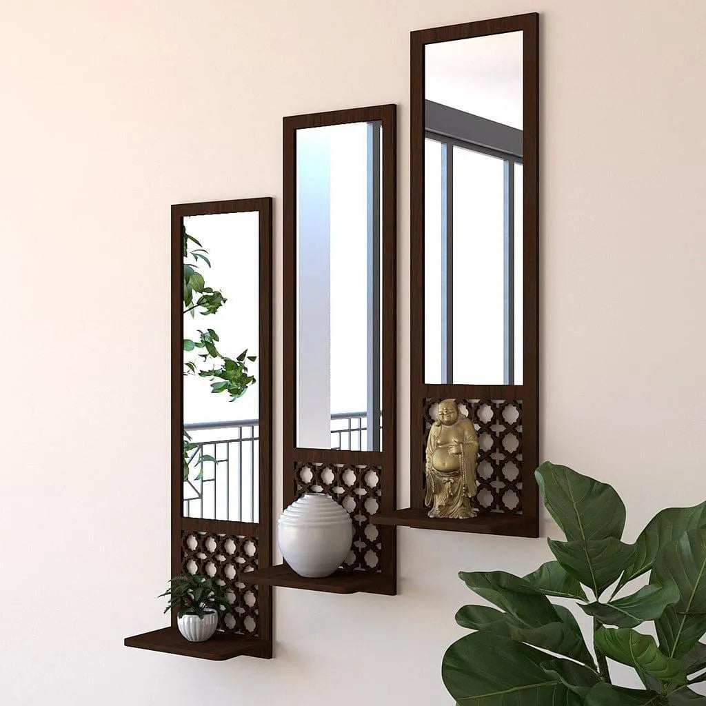 Set of 3 Wooden Mirror Wall Shelves – Black Floating Wall Decor