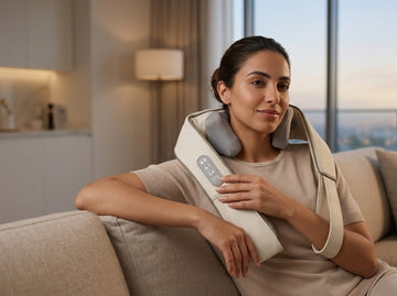 Woman relaxing on a sofa using a white electric neck and shoulder massager for pain relief.