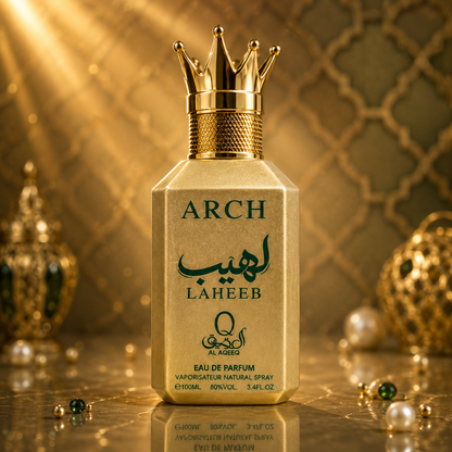 Al Aqeeq Laheeb gold octagonal perfume bottle with crown cap