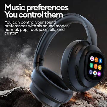 Modio WB-02 smart touchscreen wireless headphones in black, front view