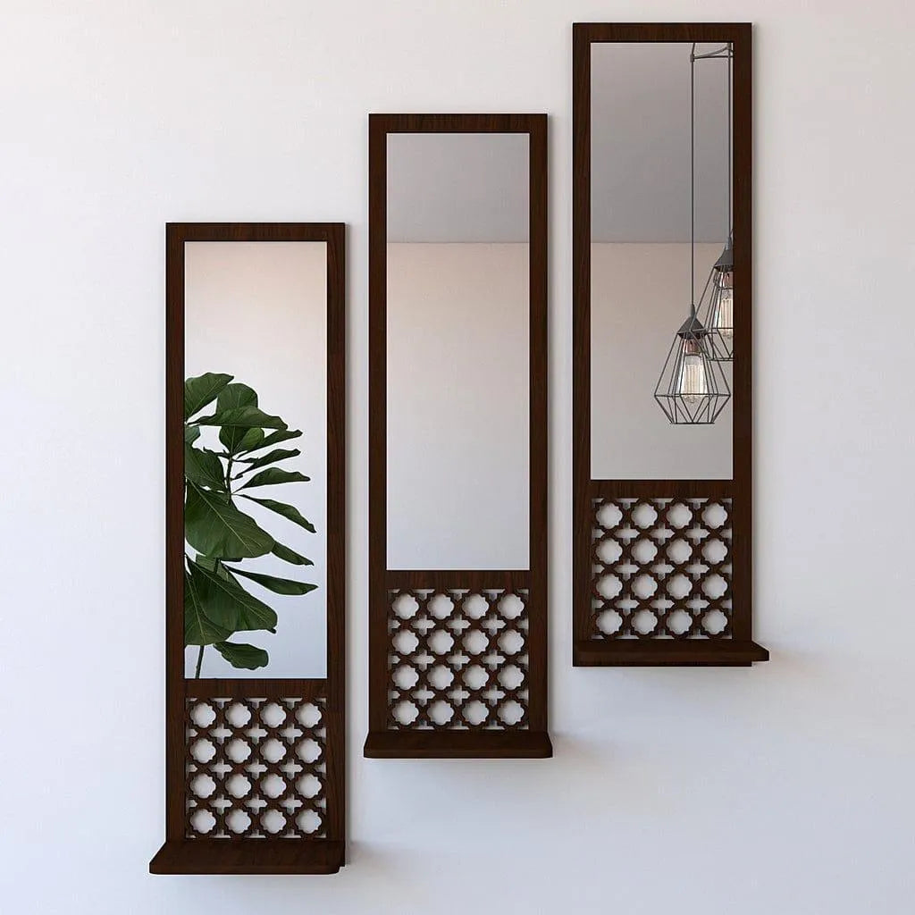 Set of 3 Wooden Mirror Wall Shelves – Black Floating Wall Decor