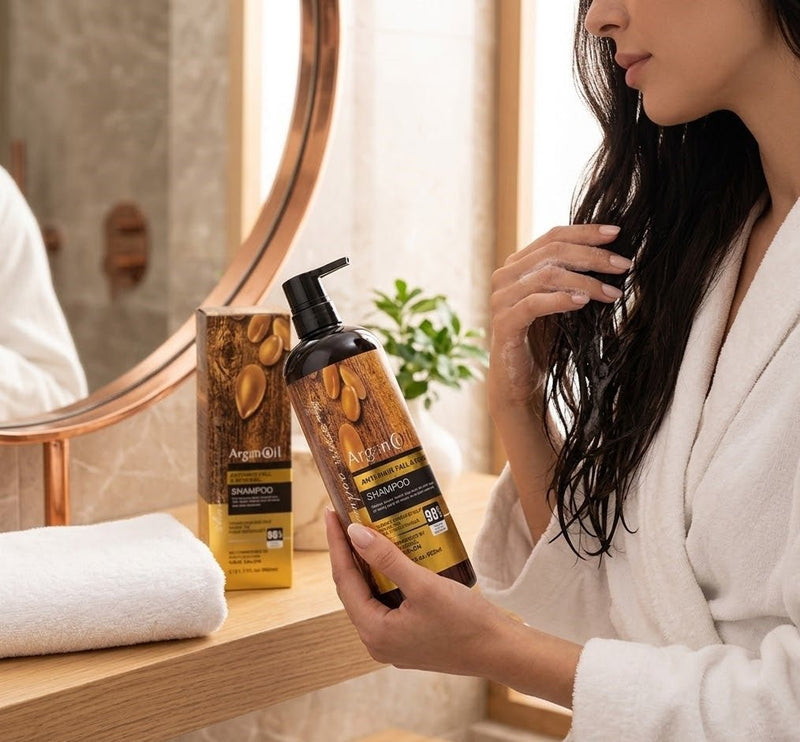 Argan oil shampoo bottle for hair strengthening