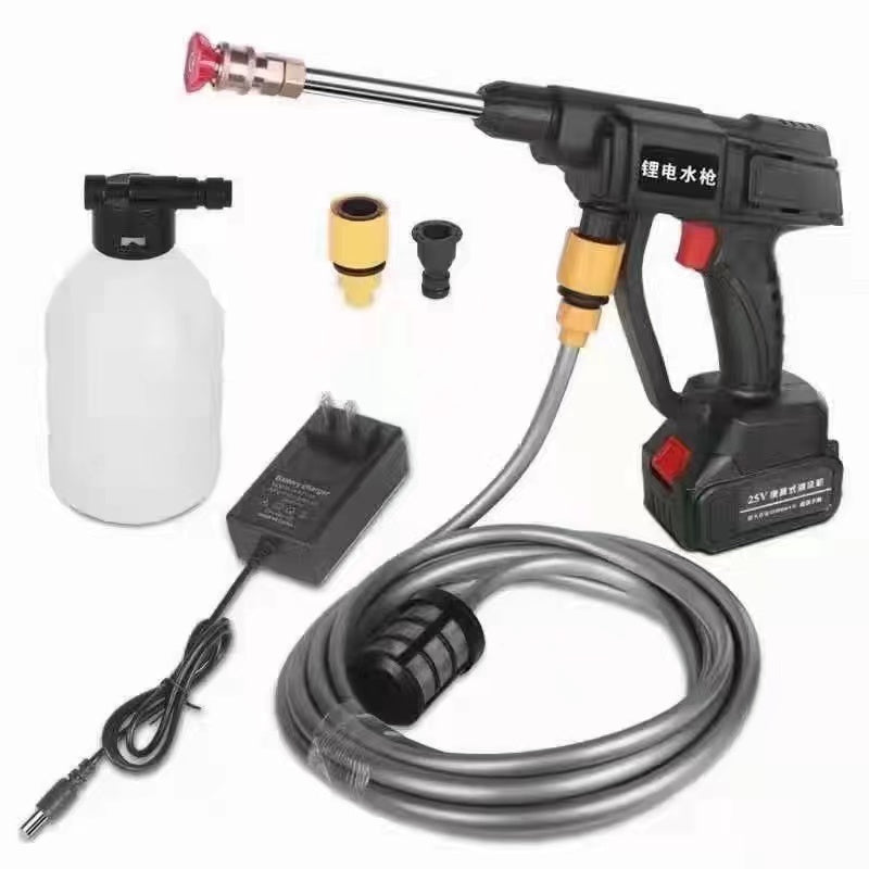 Cordless pressure washer washing windows and bikes