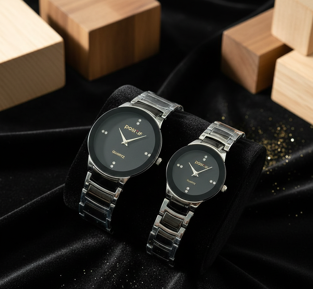 His and her POSITIF watches worn together as an anniversary gift