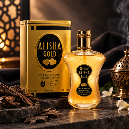 Hunaidi Alisha Gold Eau De Parfum outer box packaging