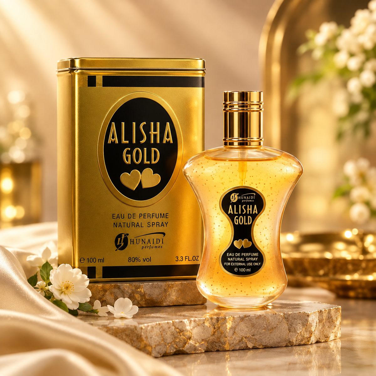 Hunaidi Alisha Gold Eau De Parfum side view of bottle