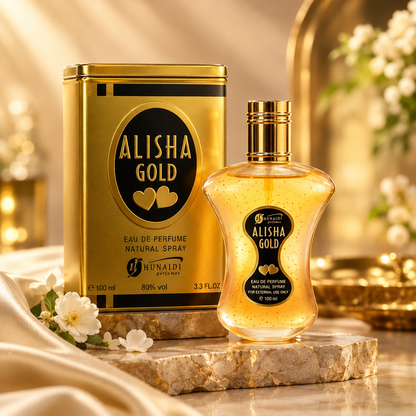 Hunaidi Alisha Gold Eau De Parfum side view of bottle