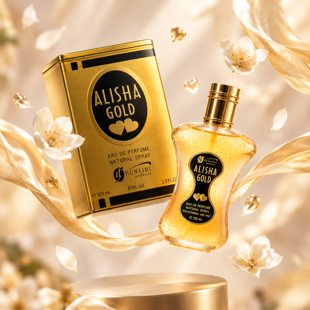Hunaidi Alisha Gold Eau De Parfum 100ml bottle front view
