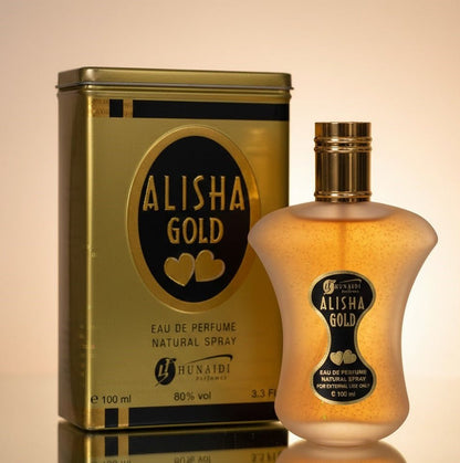 Hunaidi Alisha Gold Eau De Parfum bottle with gift box