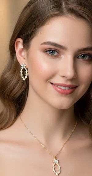 Crystal necklace earrings set leaf design for women