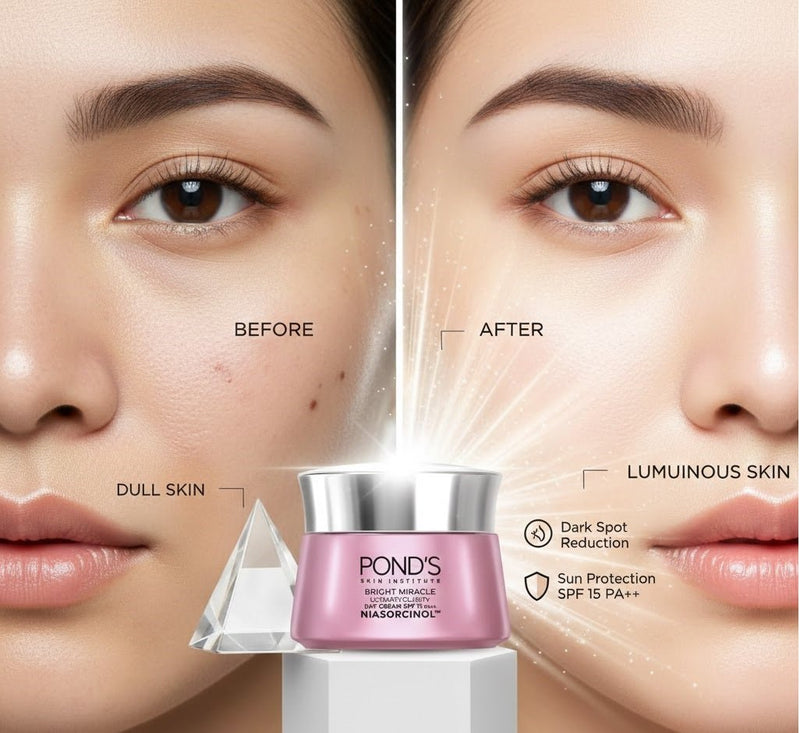 Pond's Bright Miracle Day Cream jar open showing texture