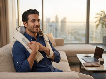 Smiling man using a portable neck massager while relaxing on a sofa in a modern living room.